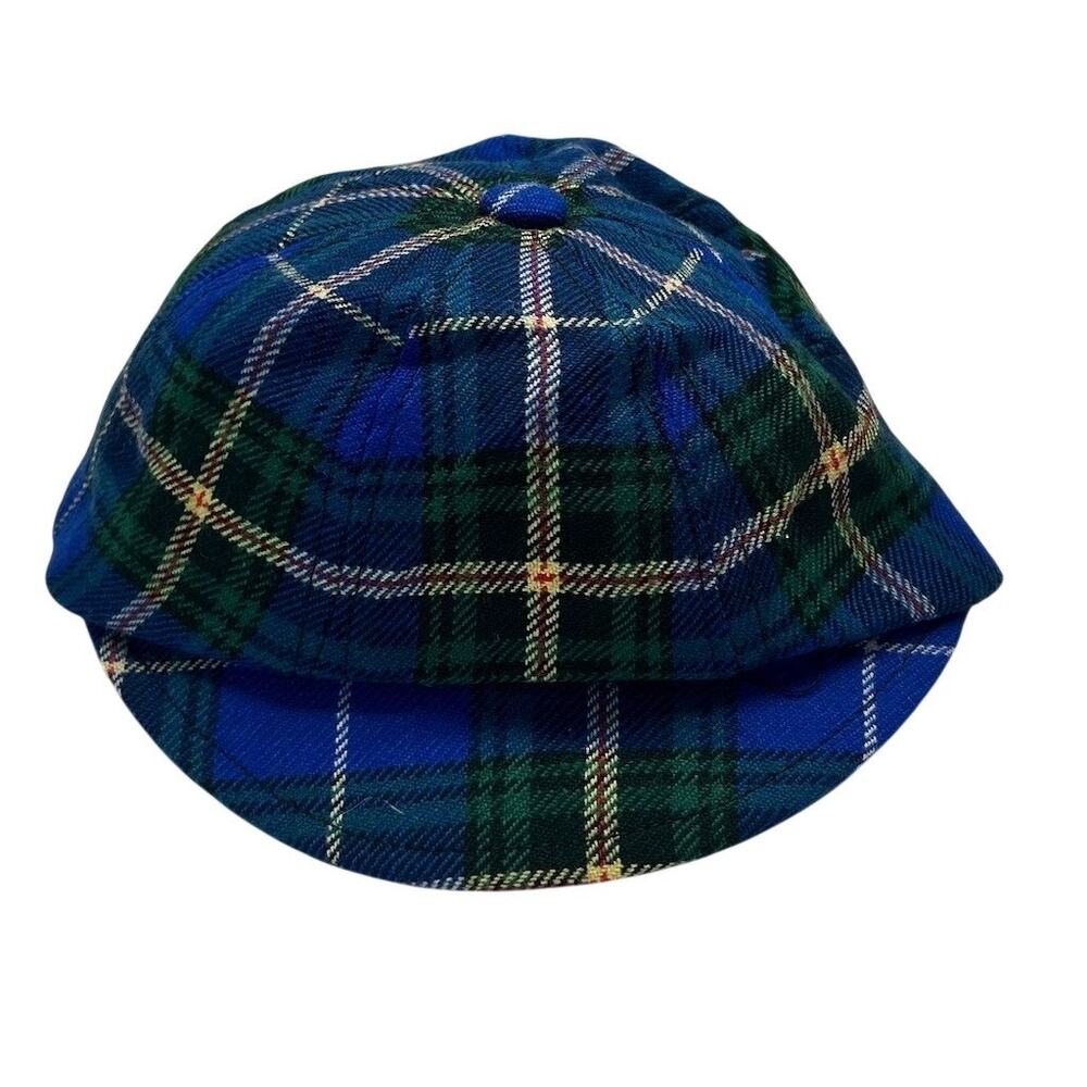 Vintage Bonda Textiles Tartan Plaid Newsboy Cap Blue Green Flat Hat Large